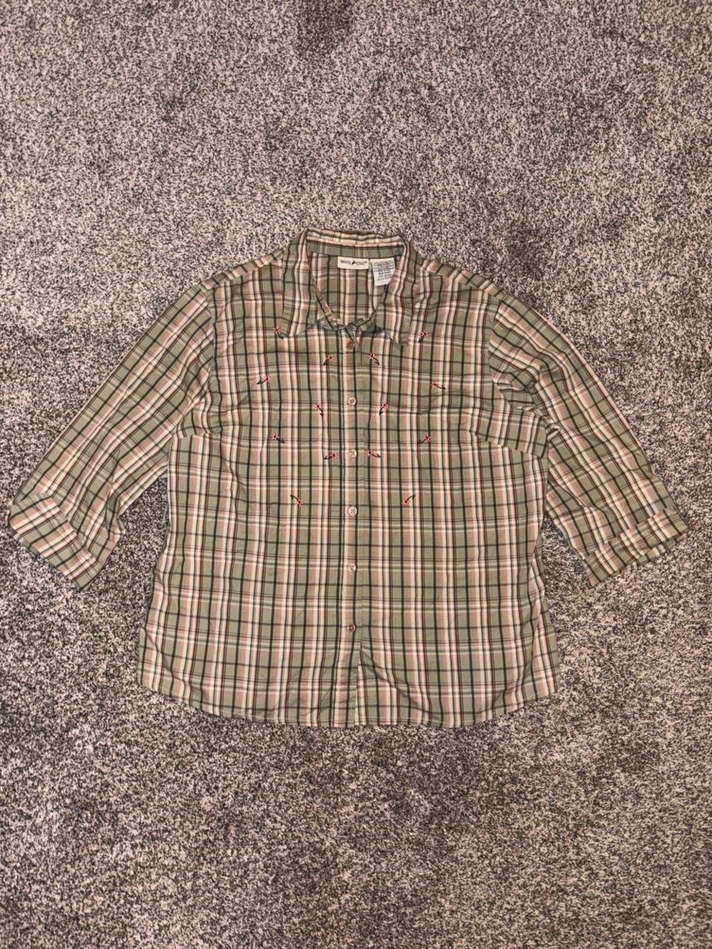 Vintage green and pink button up top with whimsical floral embroidery